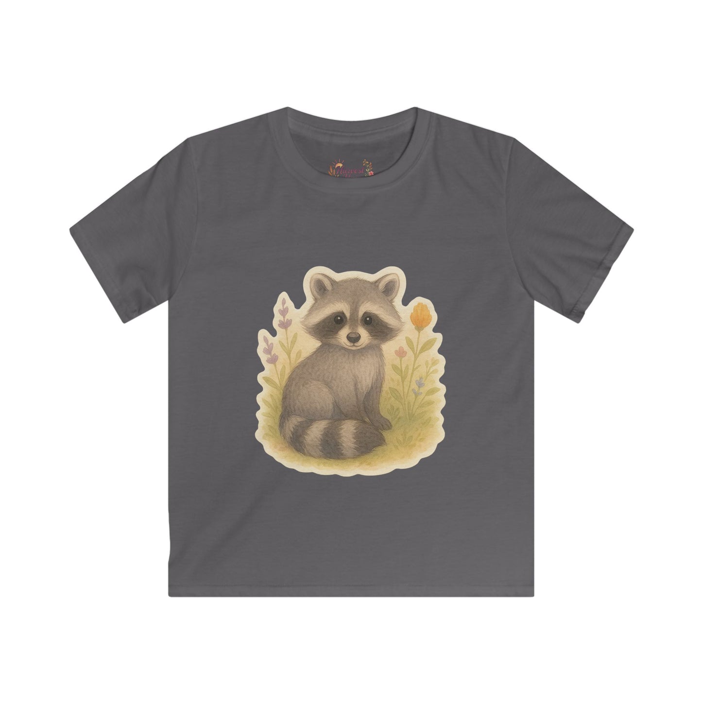 Adorable Raccoon Kids Softstyle Tee, Cute Animal Shirt, Children's Graphic Tee, Fun Playwear, Birthday Gift, Everyday Comfort